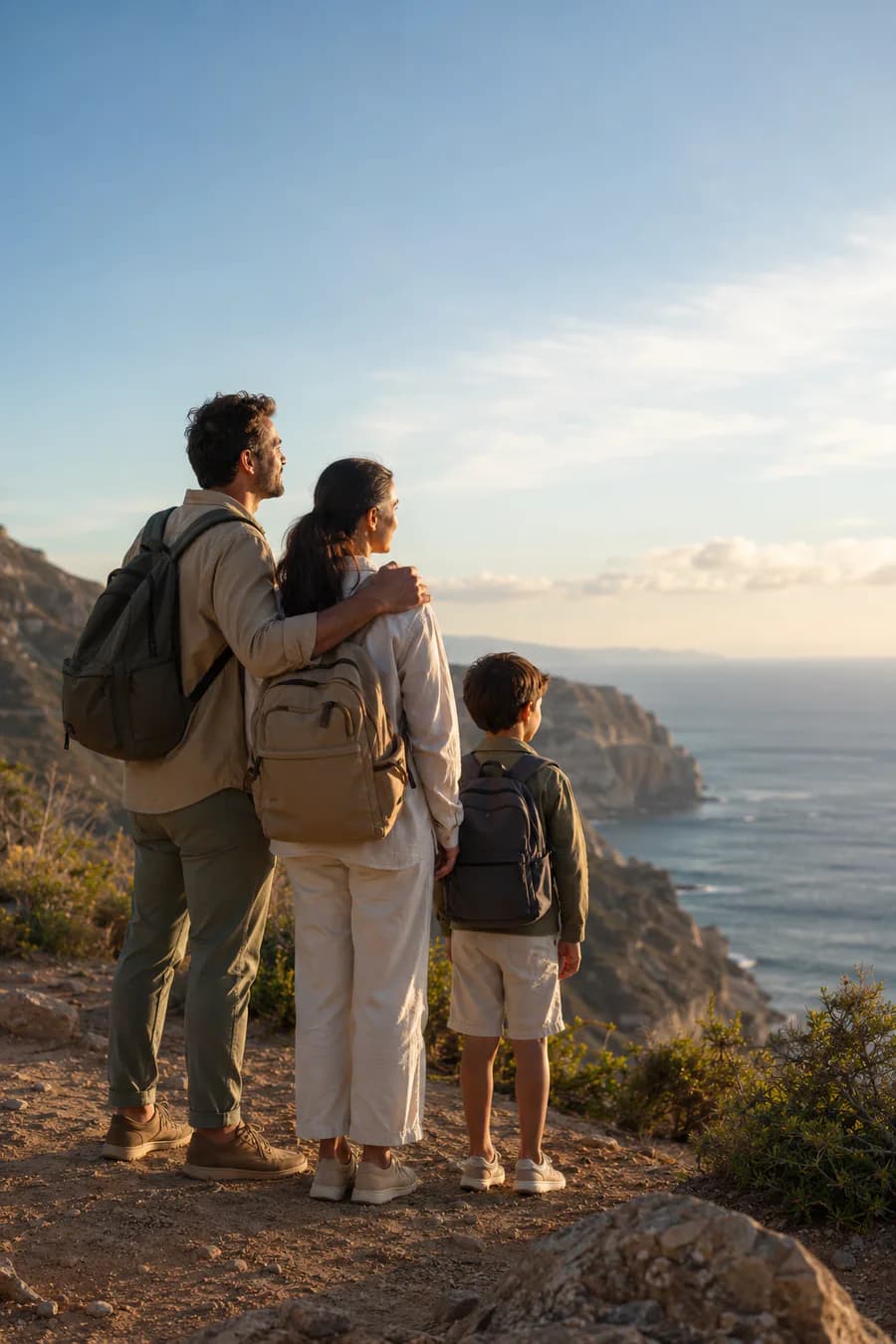 Familia viajera contemplando la costa